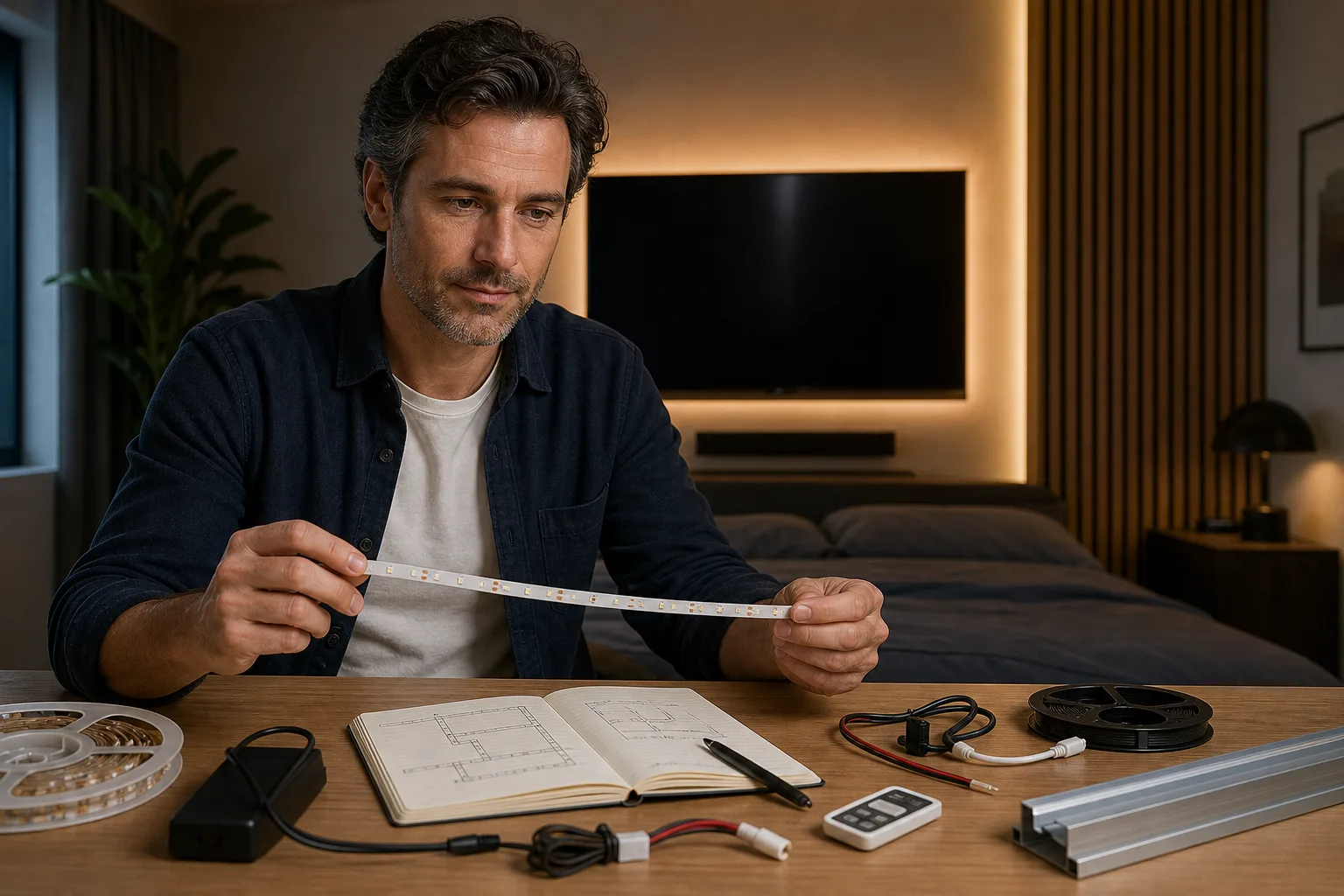 Measuring an LED strip route around the back of a bedroom television