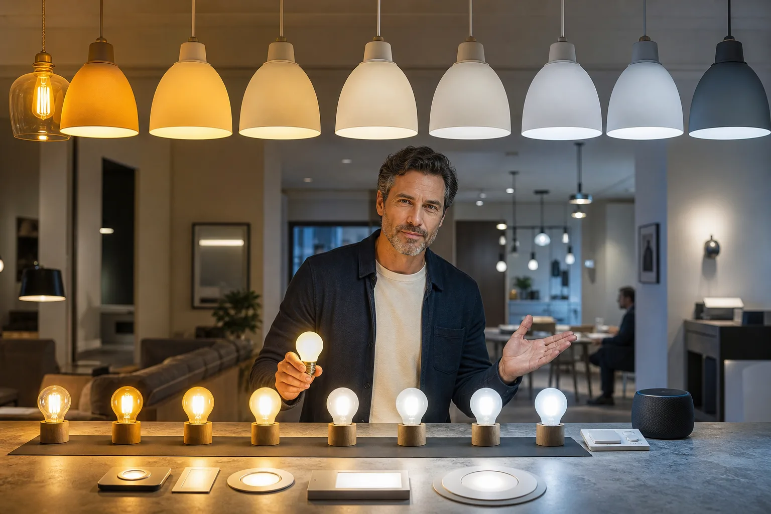 Warm and cool bulbs illuminating identical neutral room surfaces