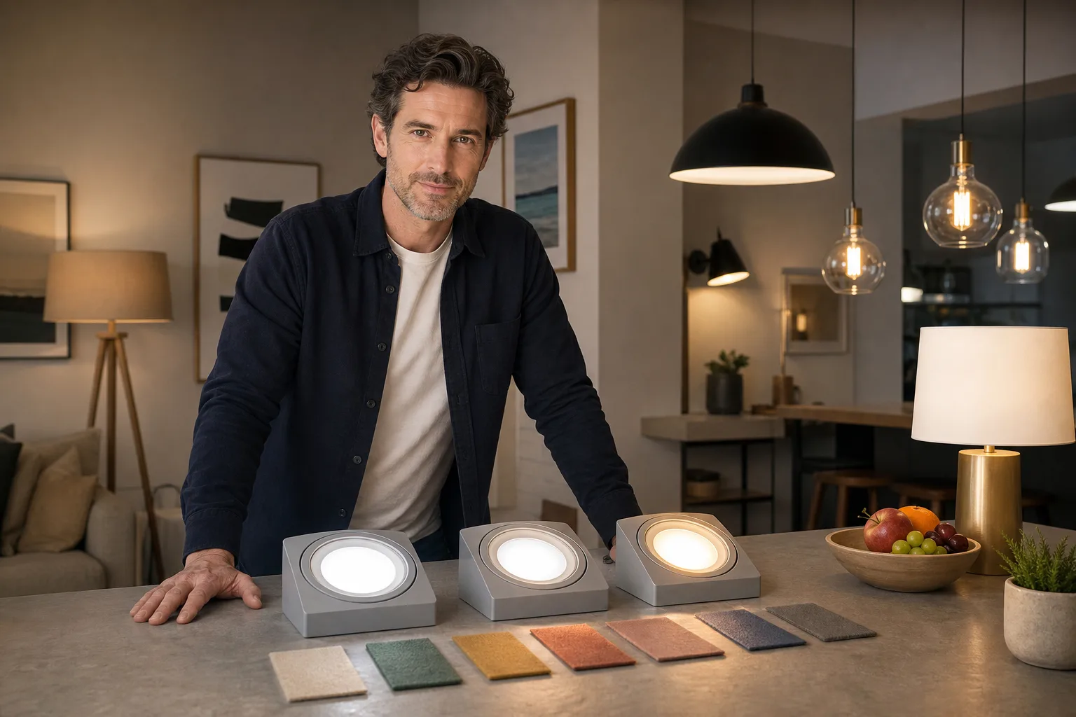 Colored fabric samples illuminated by two different LED lamps
