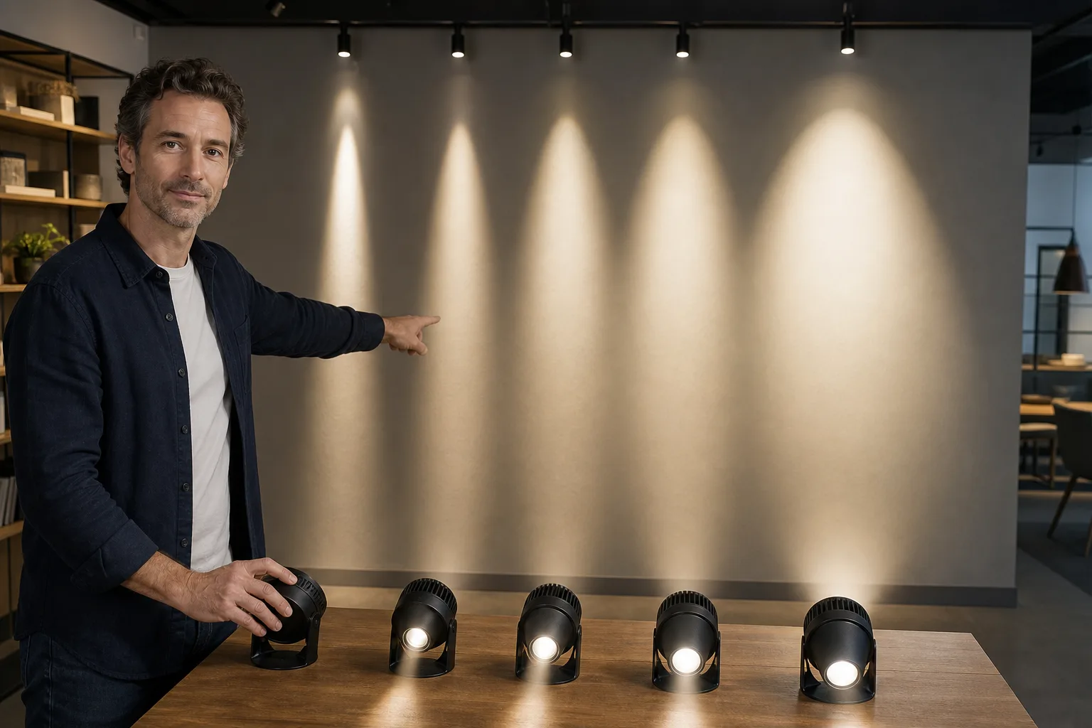Ceiling spotlights casting narrow and wide cones across a furnished room