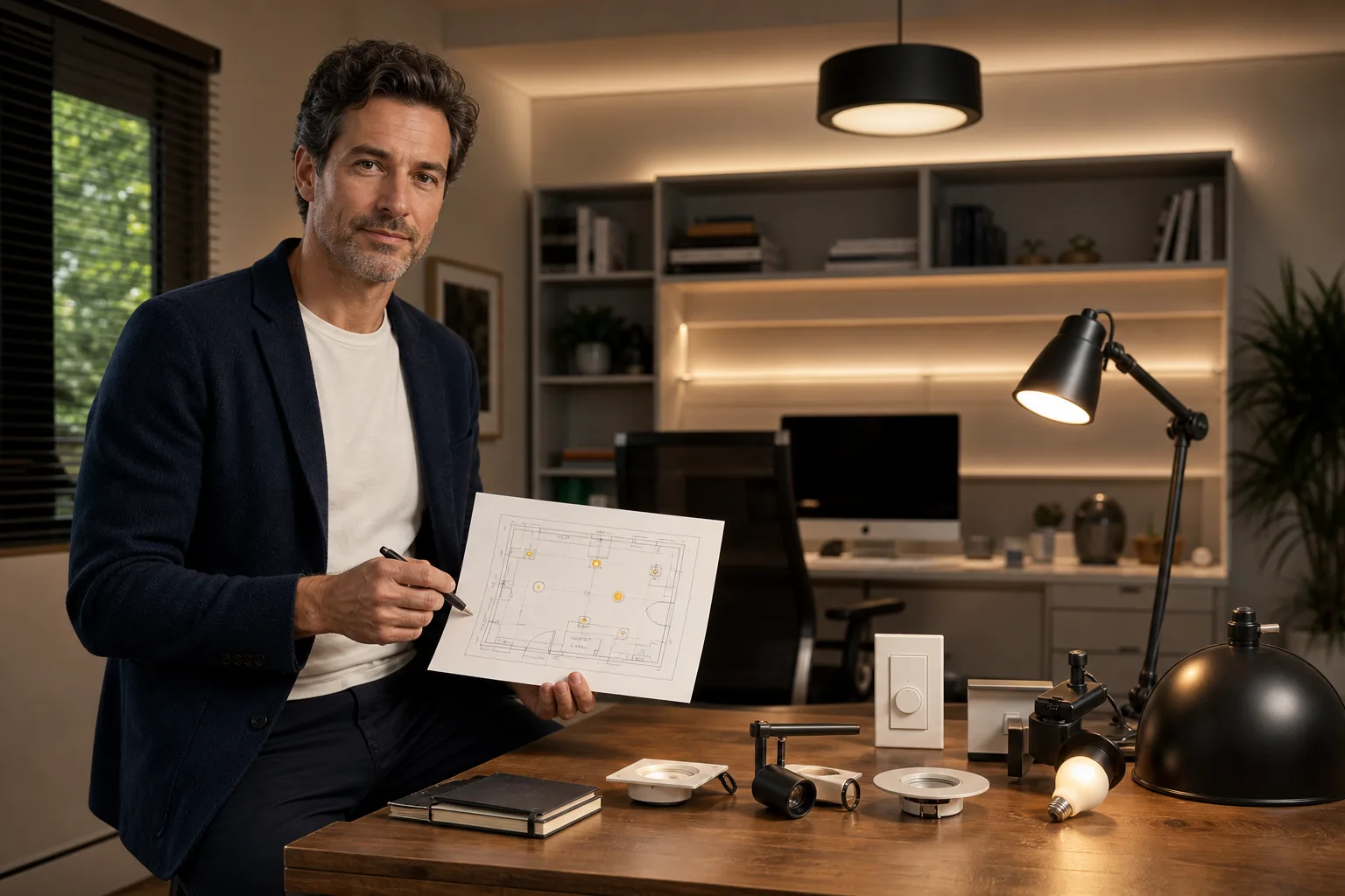 Layered desk, ceiling and wall lights in a compact workspace