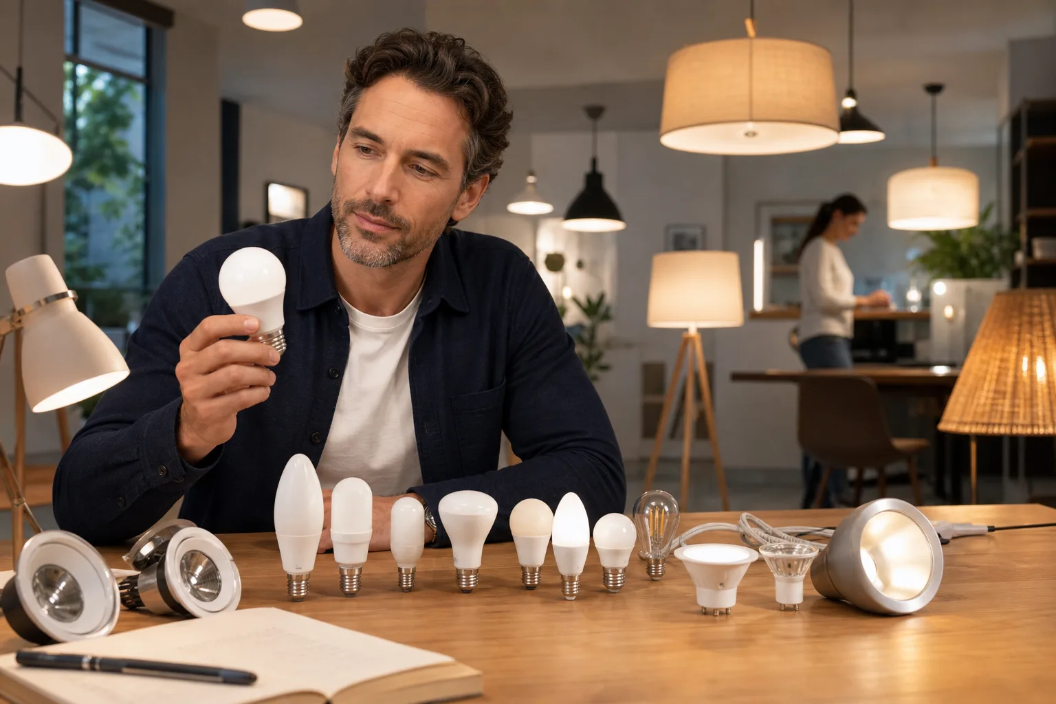 LED bulb packages showing lumens, Kelvin, CRI and fixture ratings