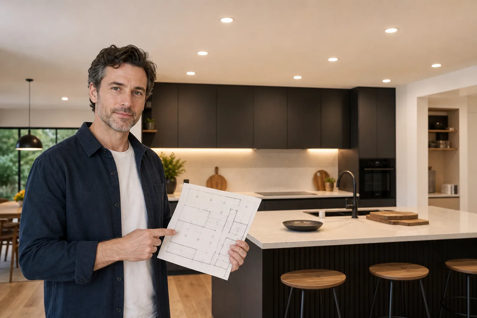 Ceiling downlights arranged above kitchen counters, island and walkways