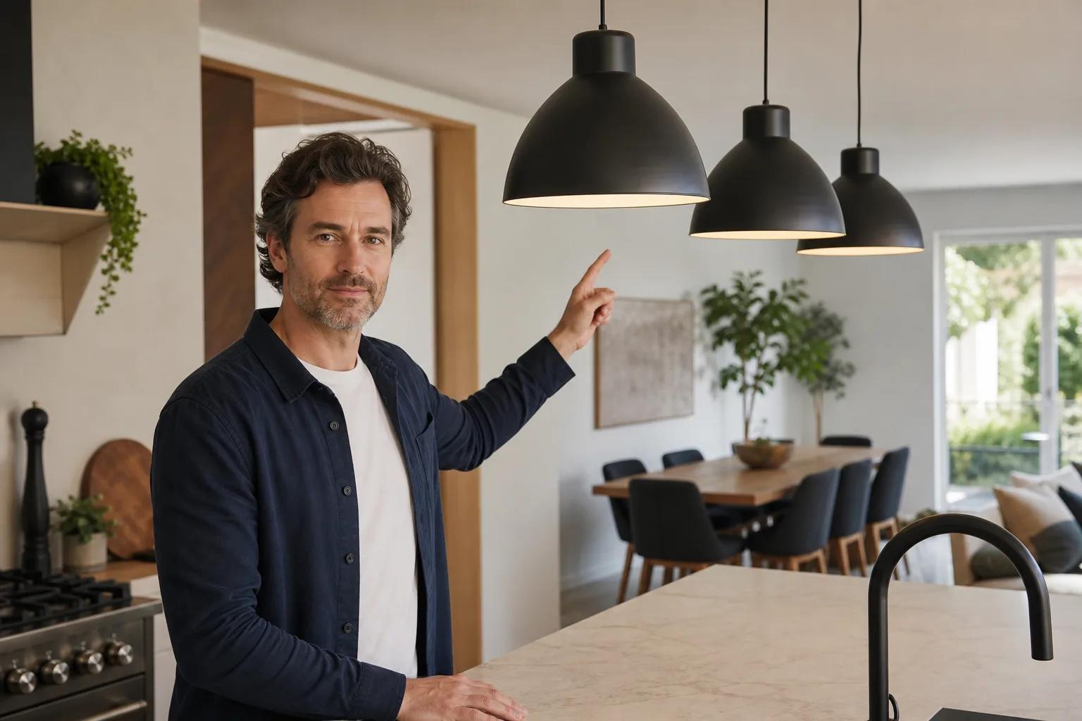 Three pendant lights aligned above a measured kitchen island