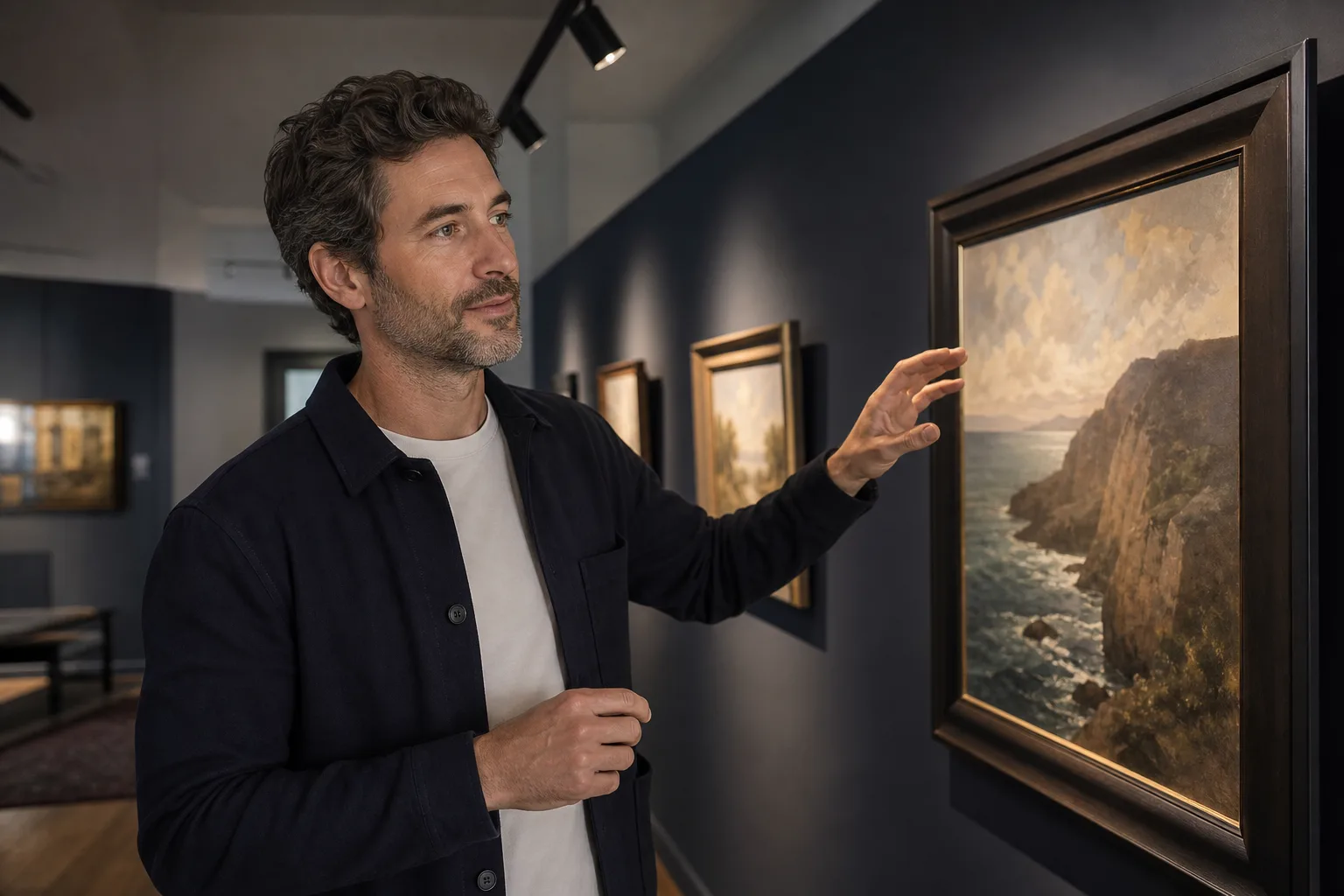 Adjustable ceiling spotlight illuminating a framed painting without glare