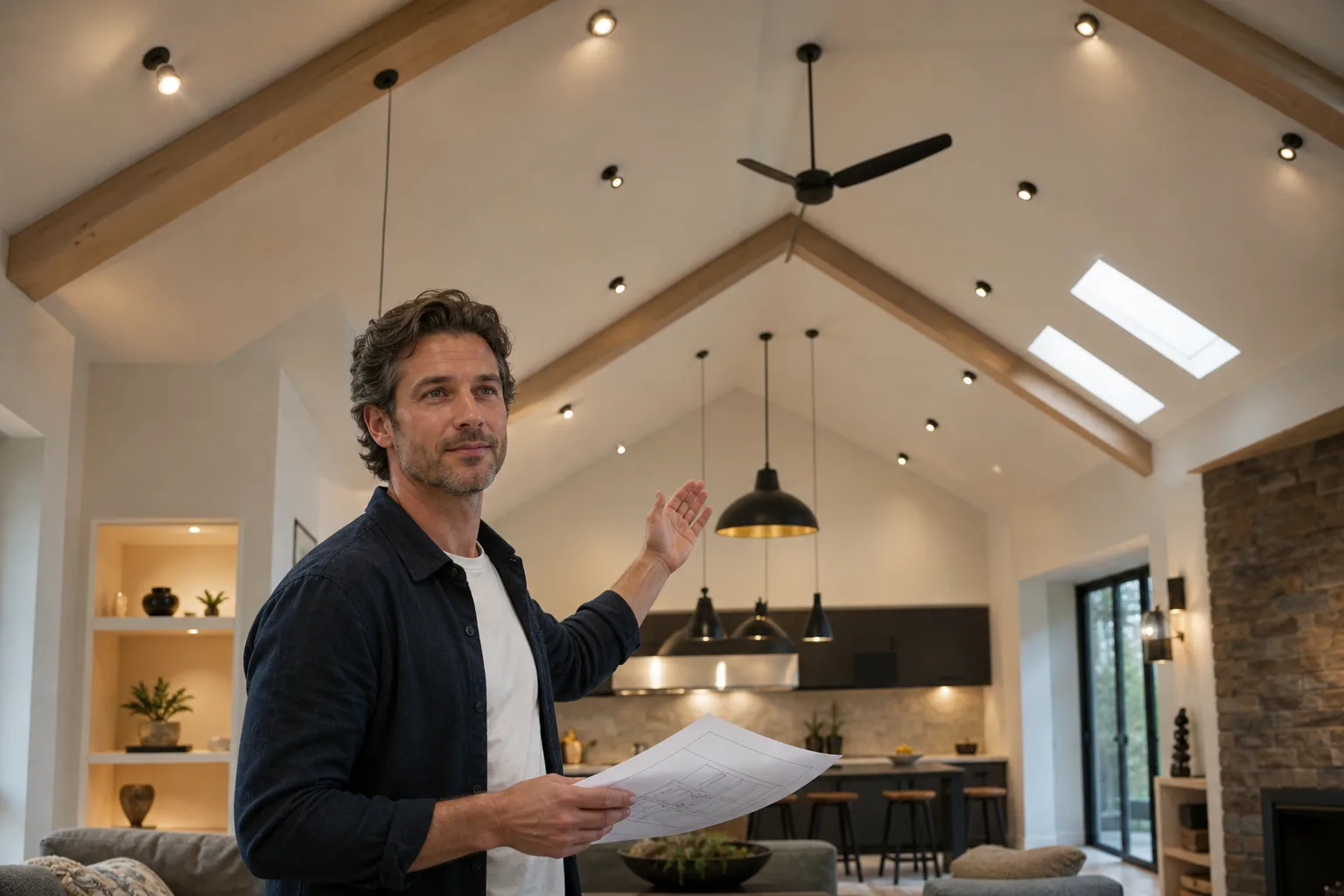 Layered pendant, recessed and wall lighting in a vaulted living room