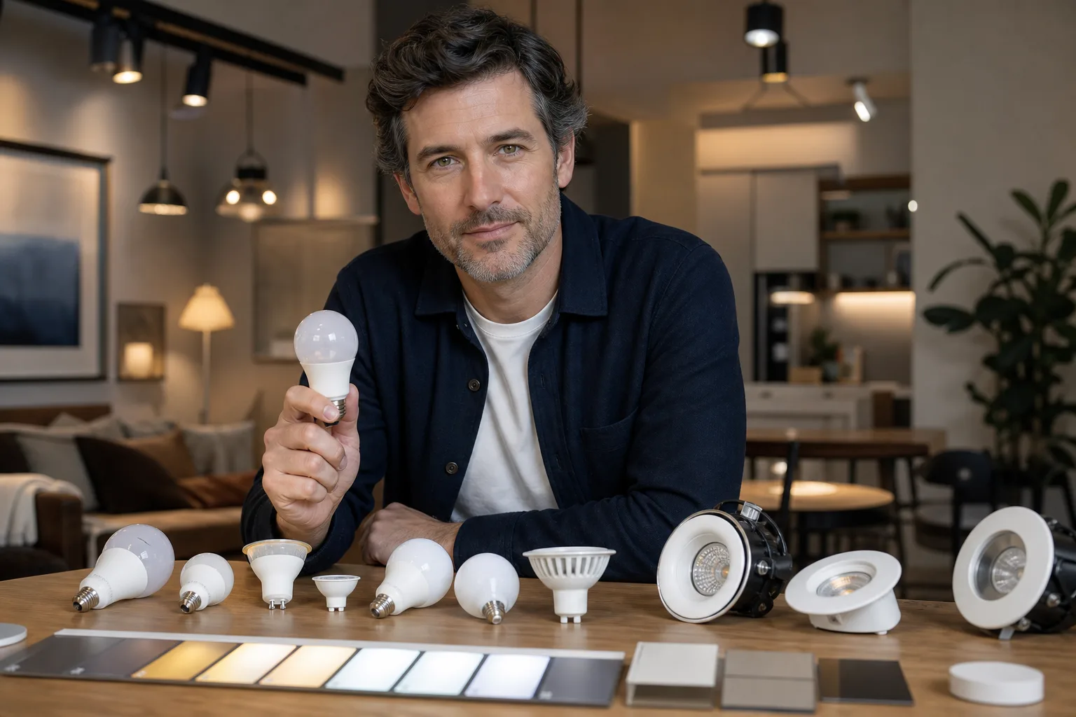 Assorted LED bulb shapes beside a recessed downlight and table lamp