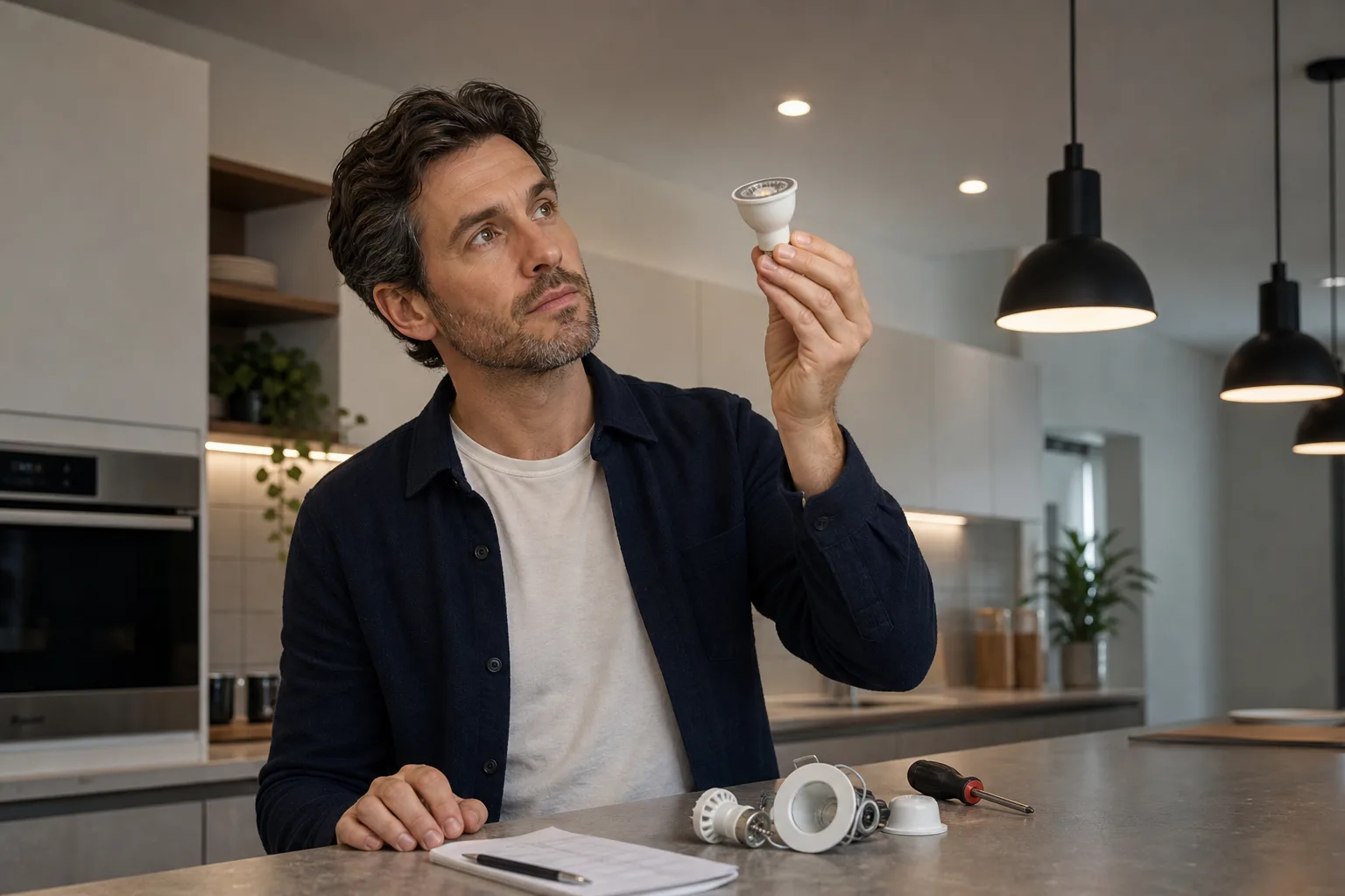 Flickering LED bulb beside a wall dimmer in a home