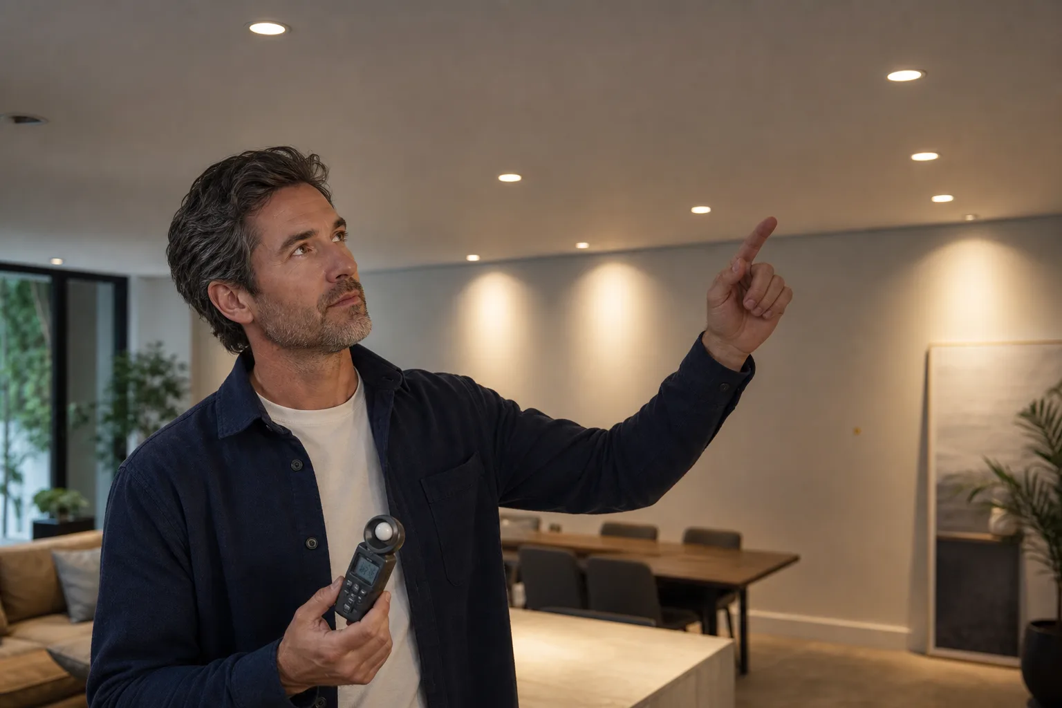 Recessed ceiling lights casting inconsistent pools across a furnished room