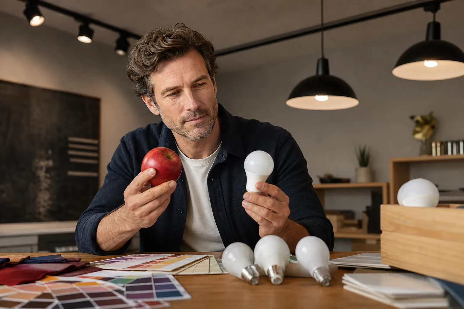 Red fabric, food and skin tones illuminated by three LED lamps