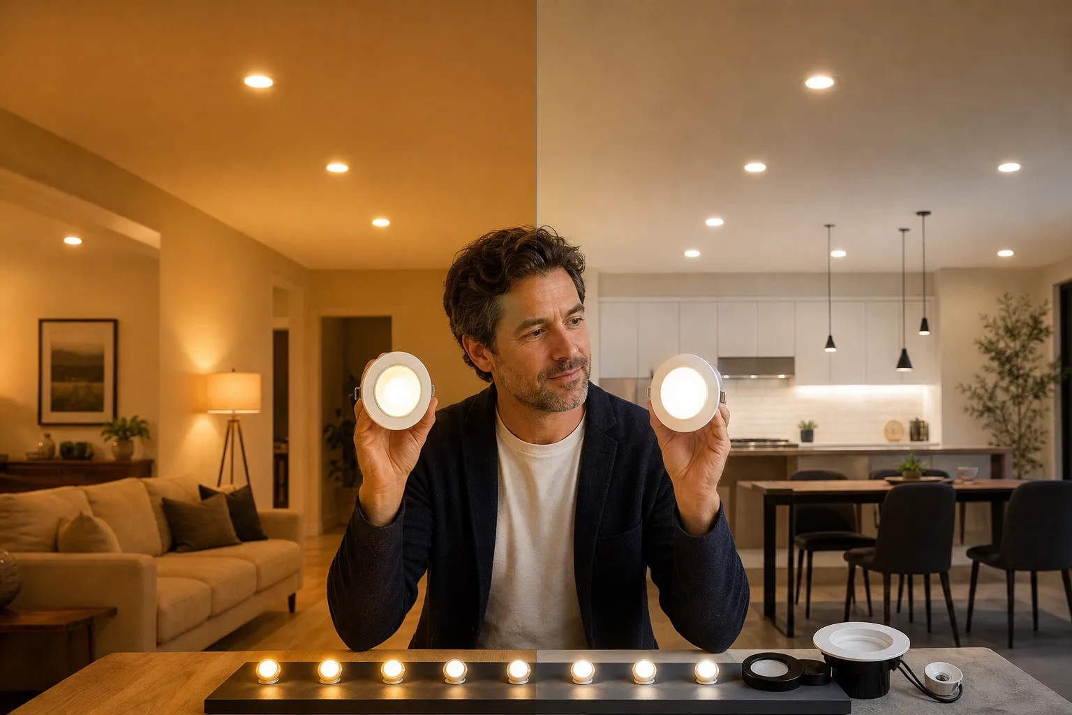 Warm white lamps comparing softer and cleaner room lighting
