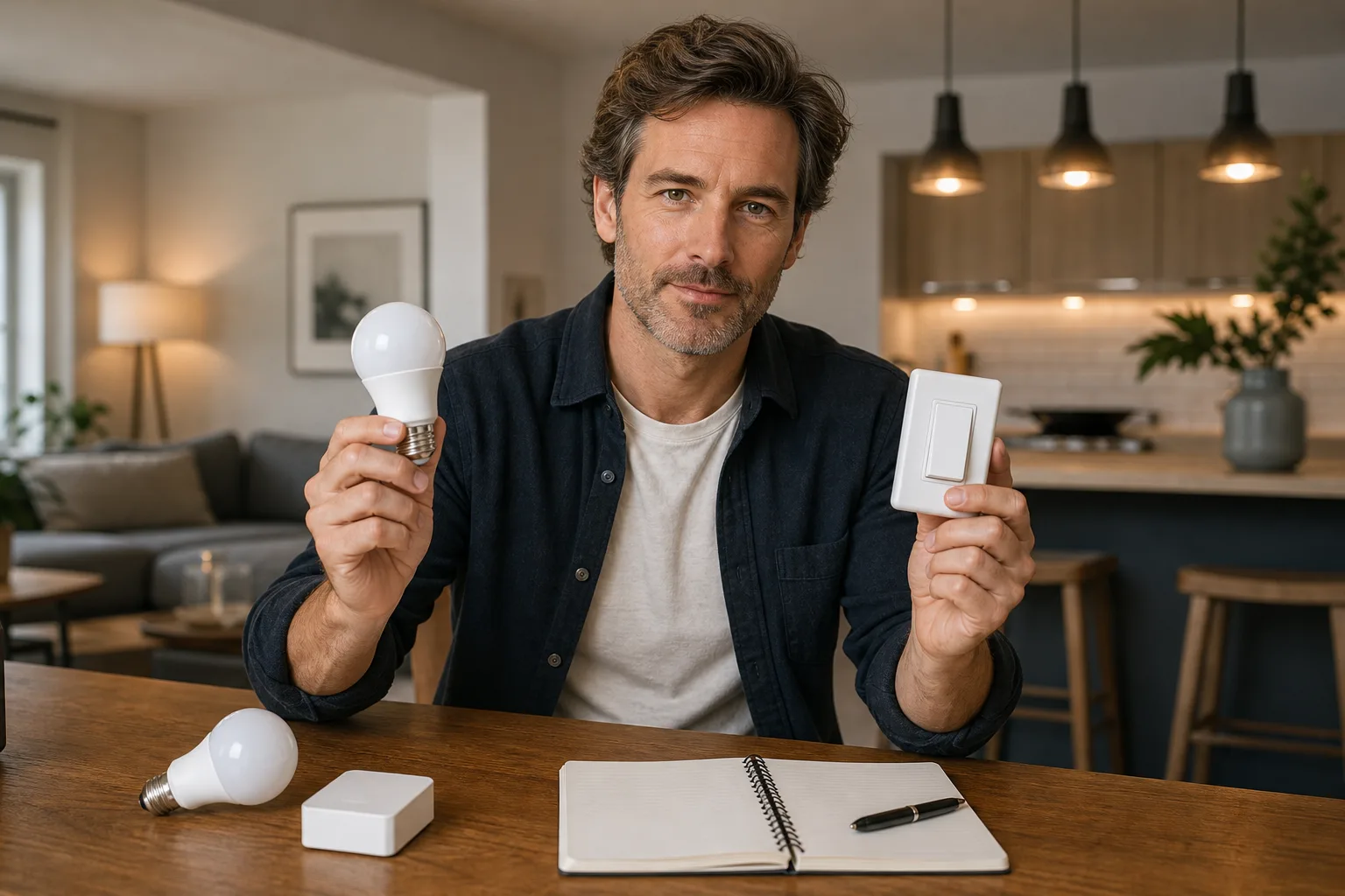 Wall-mounted smart dimmer beside two app-controlled LED bulbs
