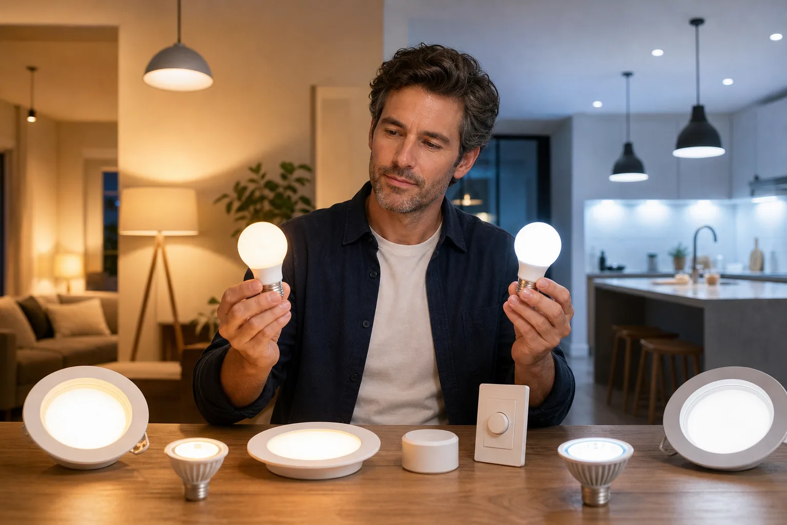 Warm and cool bulbs illuminating two adjacent room settings