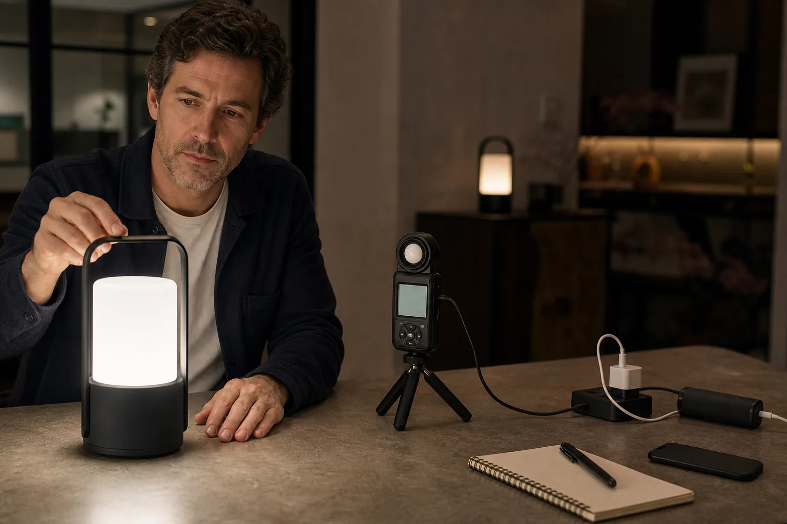 Lux meter recording light output beside a cordless table lamp