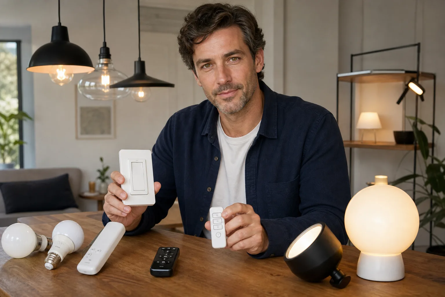 Wall keypad and lamp remote beside a softly lit living room