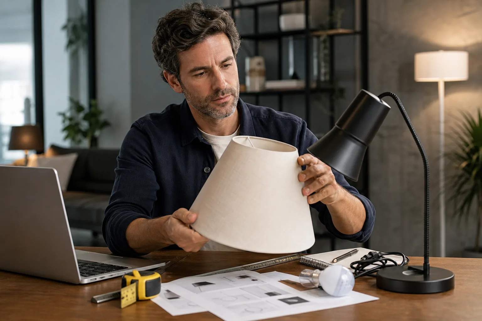 Tape outline comparing table lamp dimensions beside a reading chair
