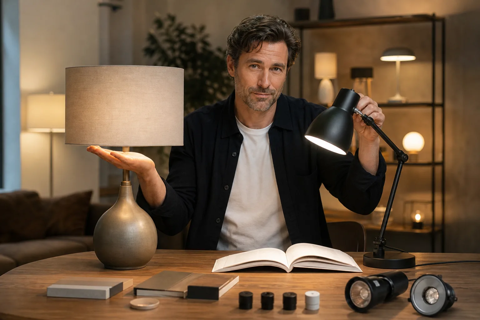 Adjustable reading light beside a softly glowing decorative table lamp