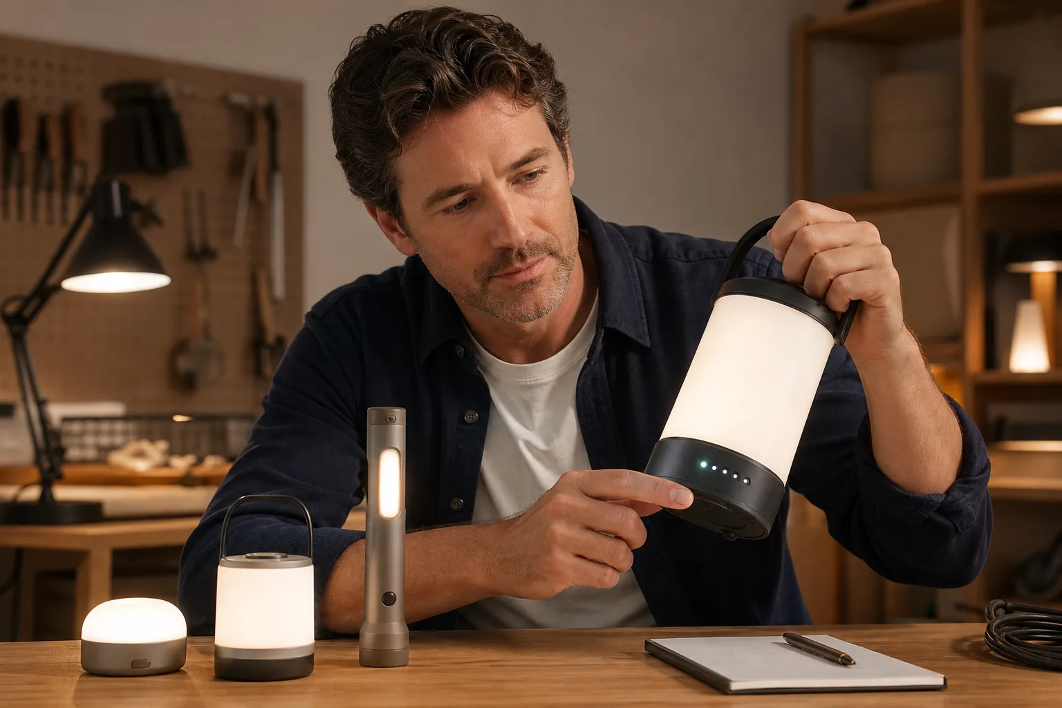 Cordless table lamp displaying four illuminated battery level segments
