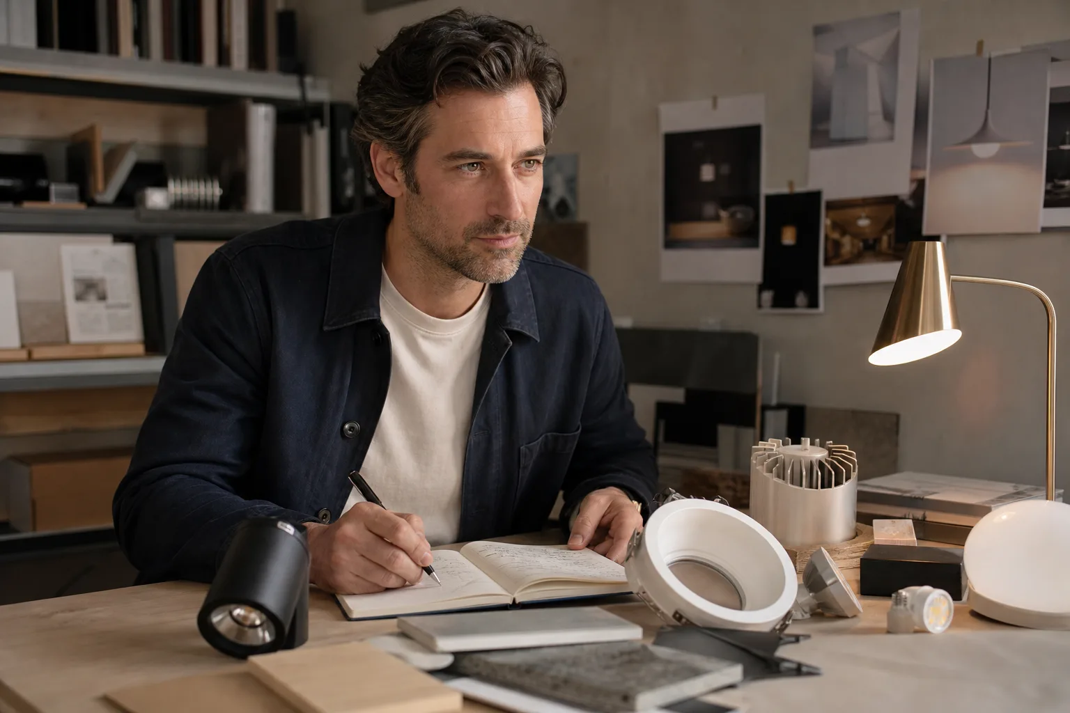 Desk with lamp packaging, annotated notebook, material samples and warm-cool light bands
