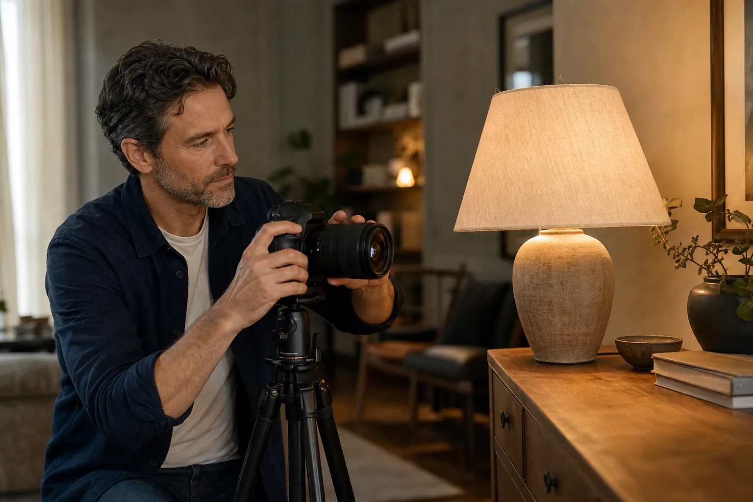 Warm table lamp beside gray card with camera histogram preserving shade texture