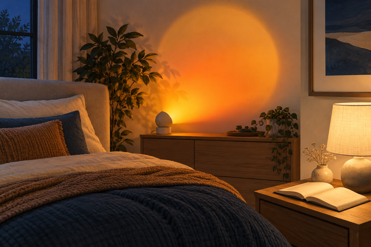 Concept illustration of an amber sunset projection on a bedroom wall beside a separate lamp illuminating an open book
