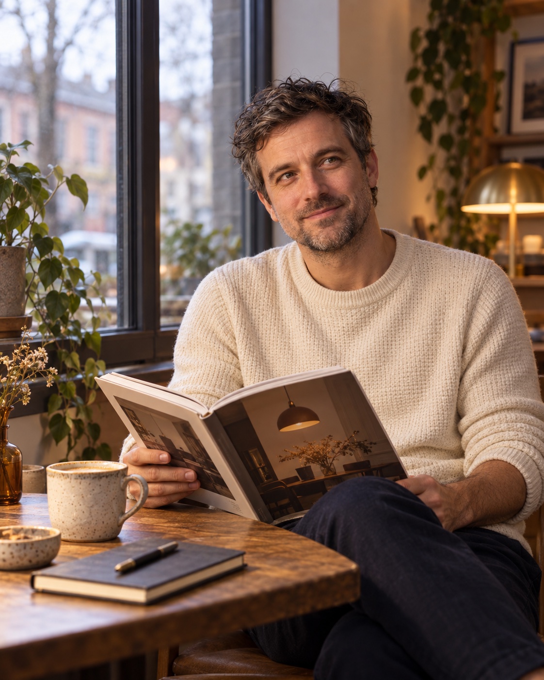Ross reading a lighting design book beside a warm table lamp