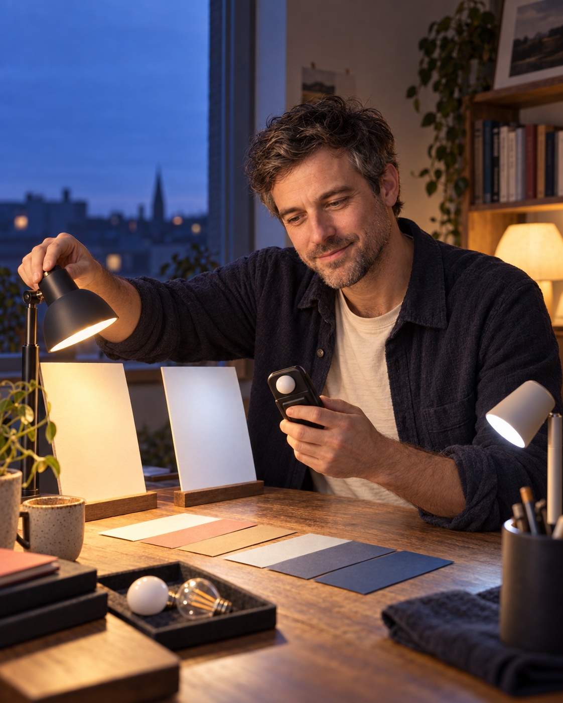 Ross comparing light on sample cards with a handheld meter