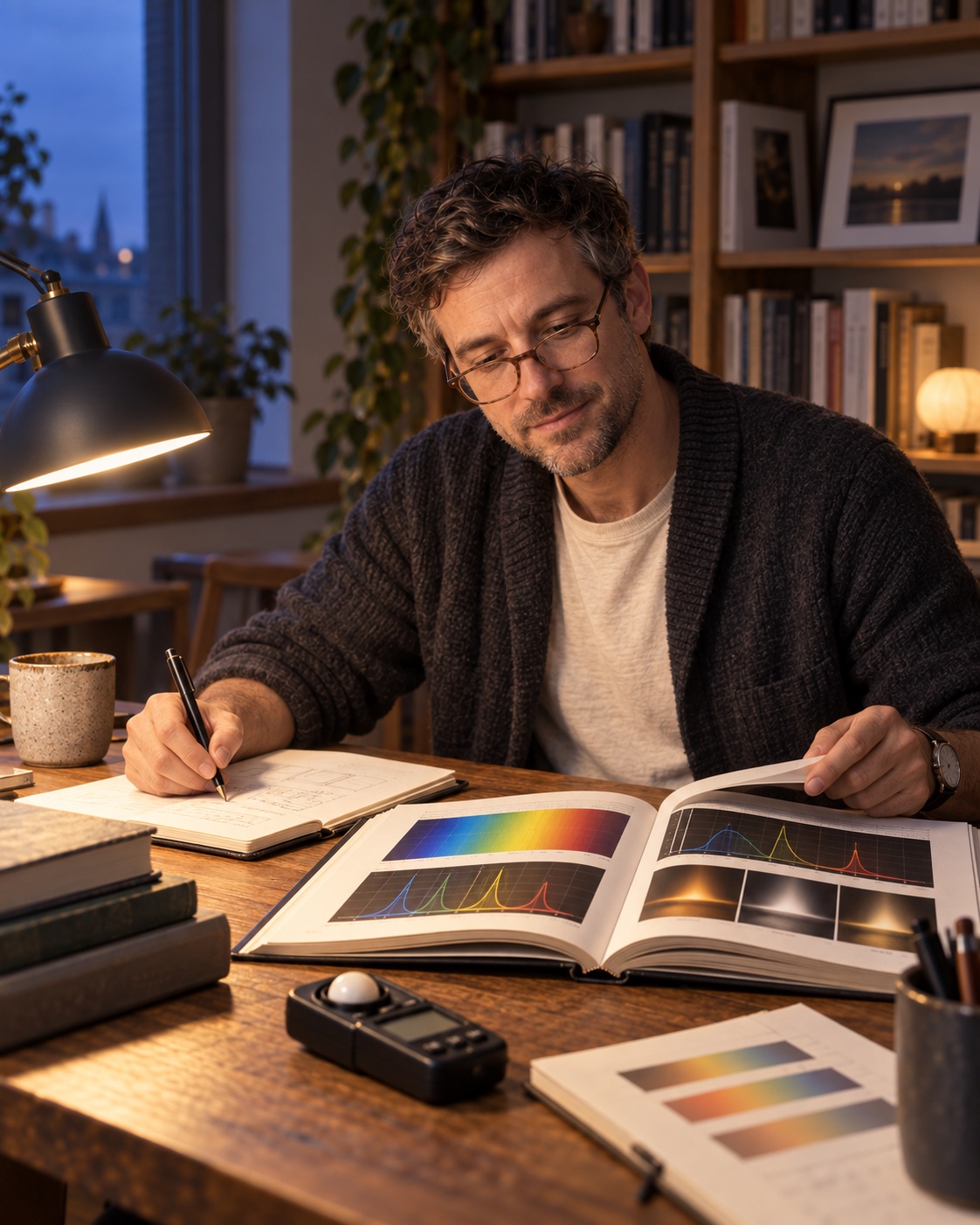 Ross reviewing lighting diagrams and colour charts at a desk